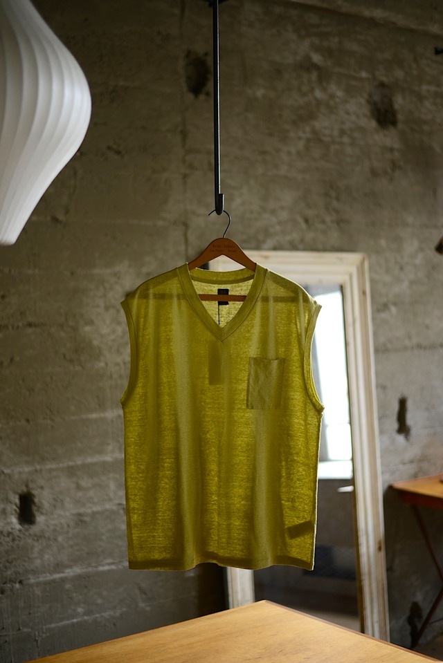 BATONER / Exclusive linen V neck no sleeve pk tee (navy)