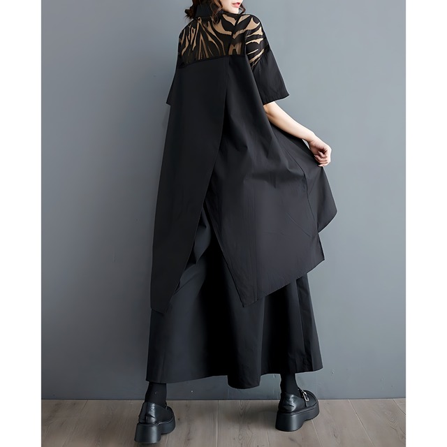 Lace switching asymmetrical shirt C0002