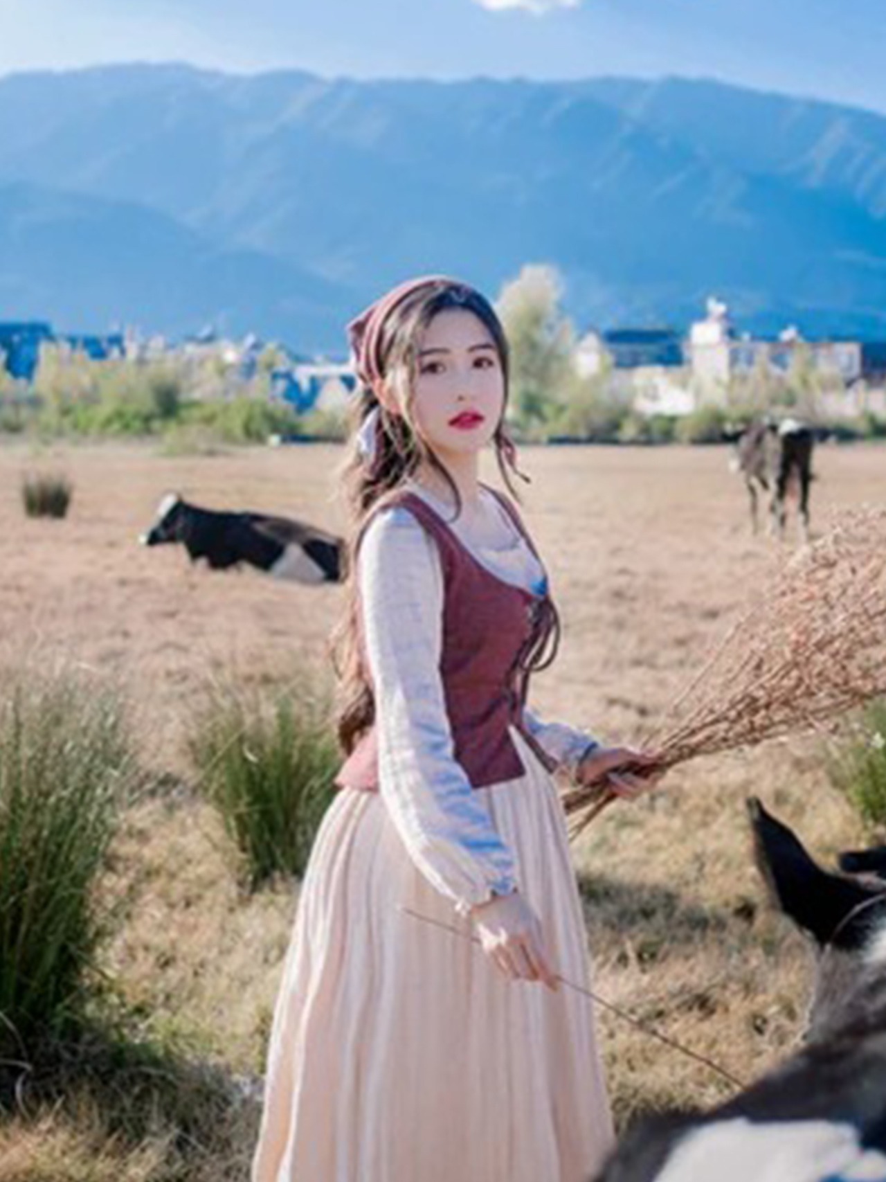 【0187】2sets Lace-up Ribbon Vest Long Sleeve Dress