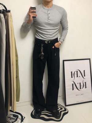 【Muscle Fit】Ribbed Henley Neck Neck Long Sleeve T-Shirts (4color)
