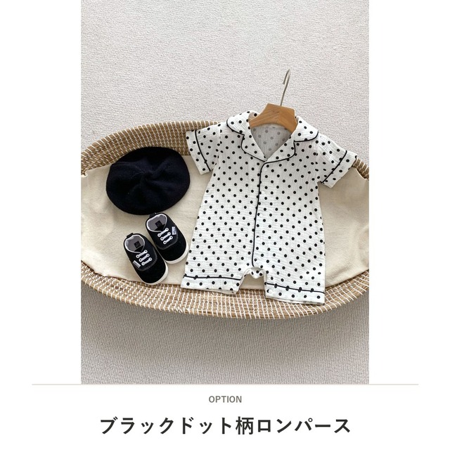 【BABY】くまパンダドット柄半袖前開きロンパース - 2