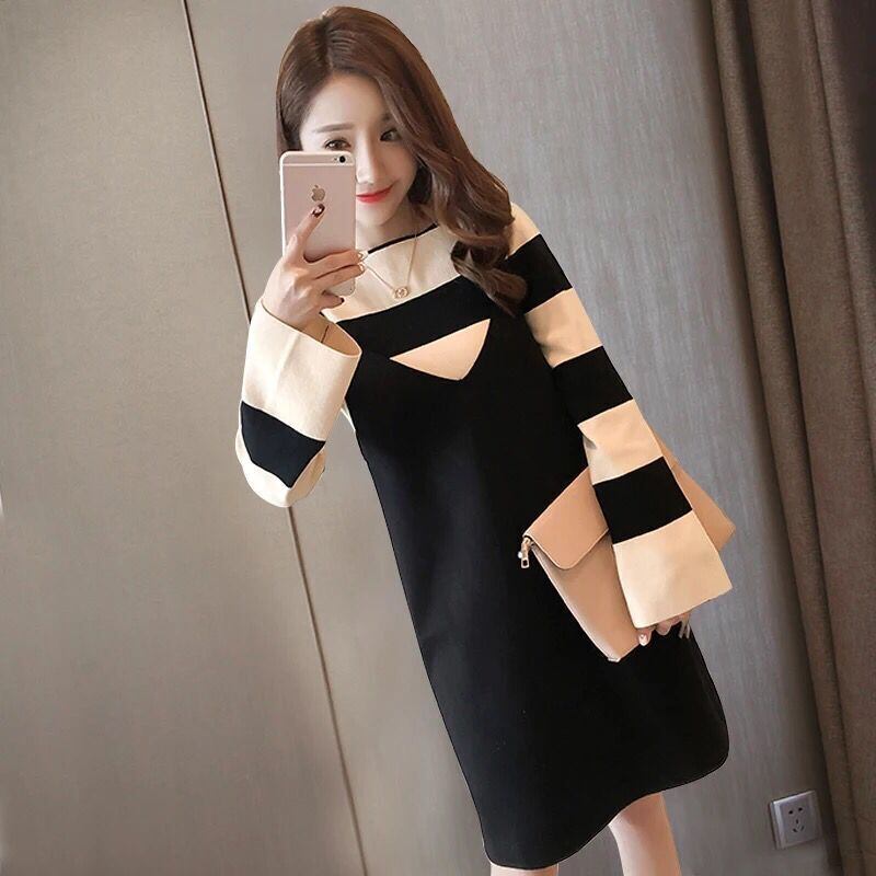 【新作】【送料無料】 マタニティウェア2020秋冬の新しいストライプニットトップ+ミドル丈サスペンダースカート、ツーピースセット妊婦-アリババ オータム 秋物 ウィンター 冬物 expec26990414297