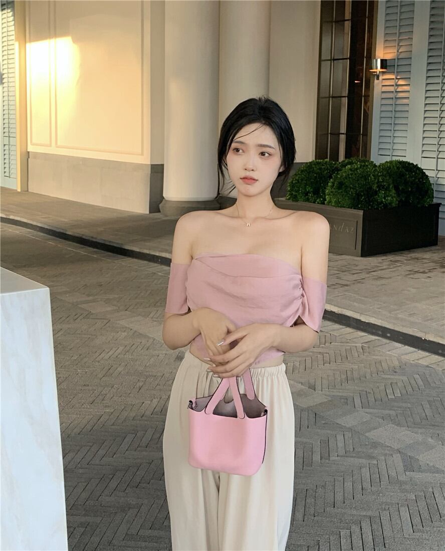 トップス サマーショートストラップレス ピンク 夏物 ピュア ブラックストロベリース63474686567