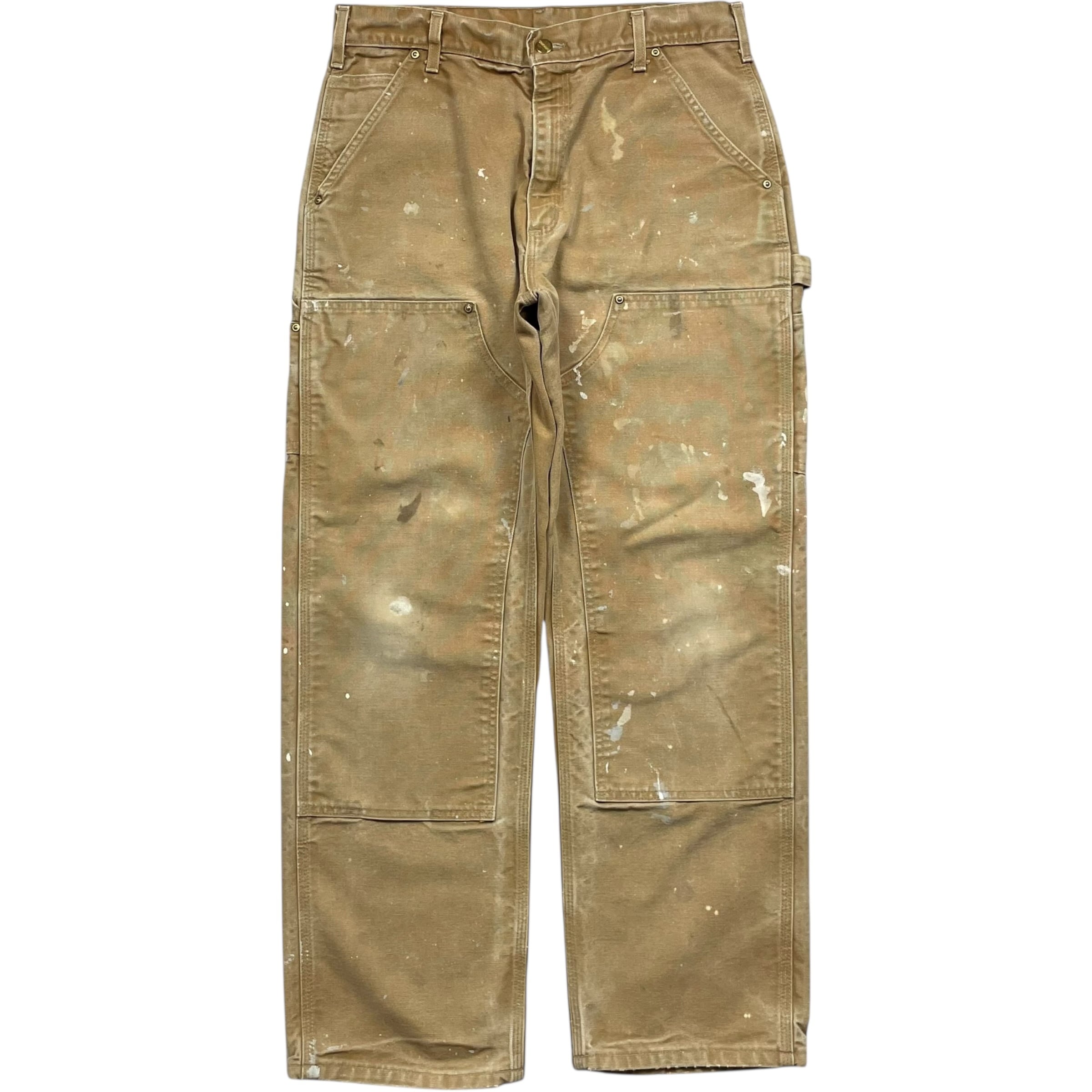 《実寸 W31 L28》 Carhartt カーハート ペインターパンツ ワークパンツ ダブルニー フェード ペイント ワンポイントロゴ ブラウン USA製 no.9850