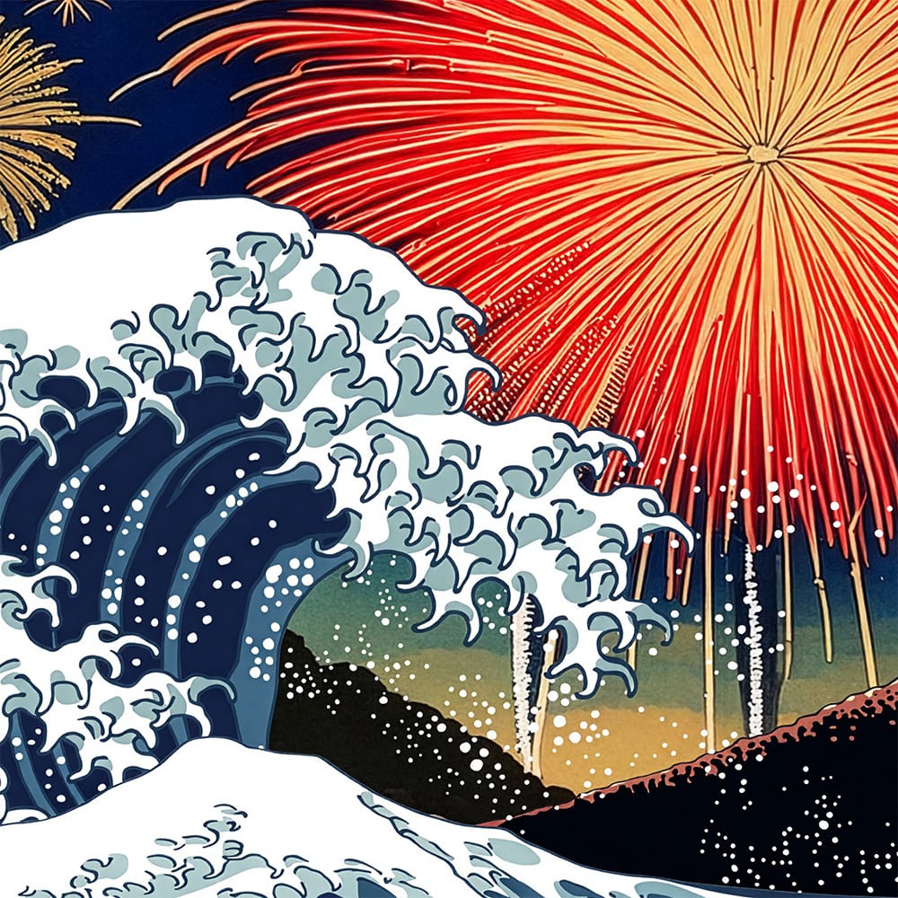富嶽三十六景 神奈川沖浪裏と山下白雨と花火 | 浮世絵素材専門店 KIMASA