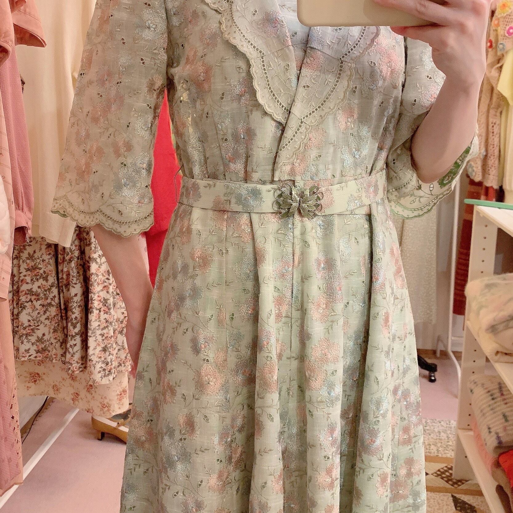 flower embroidery lace green one-piece