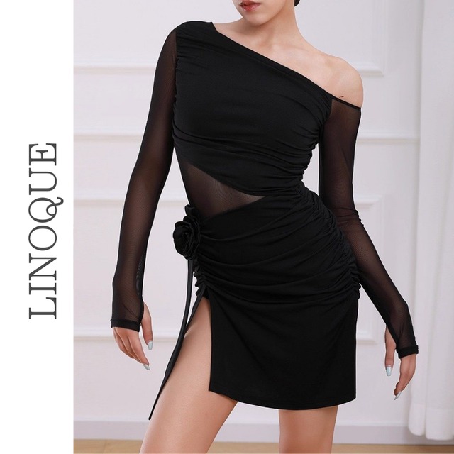 メッシュウエストワンショルダーショートドレス 2color【L00165】