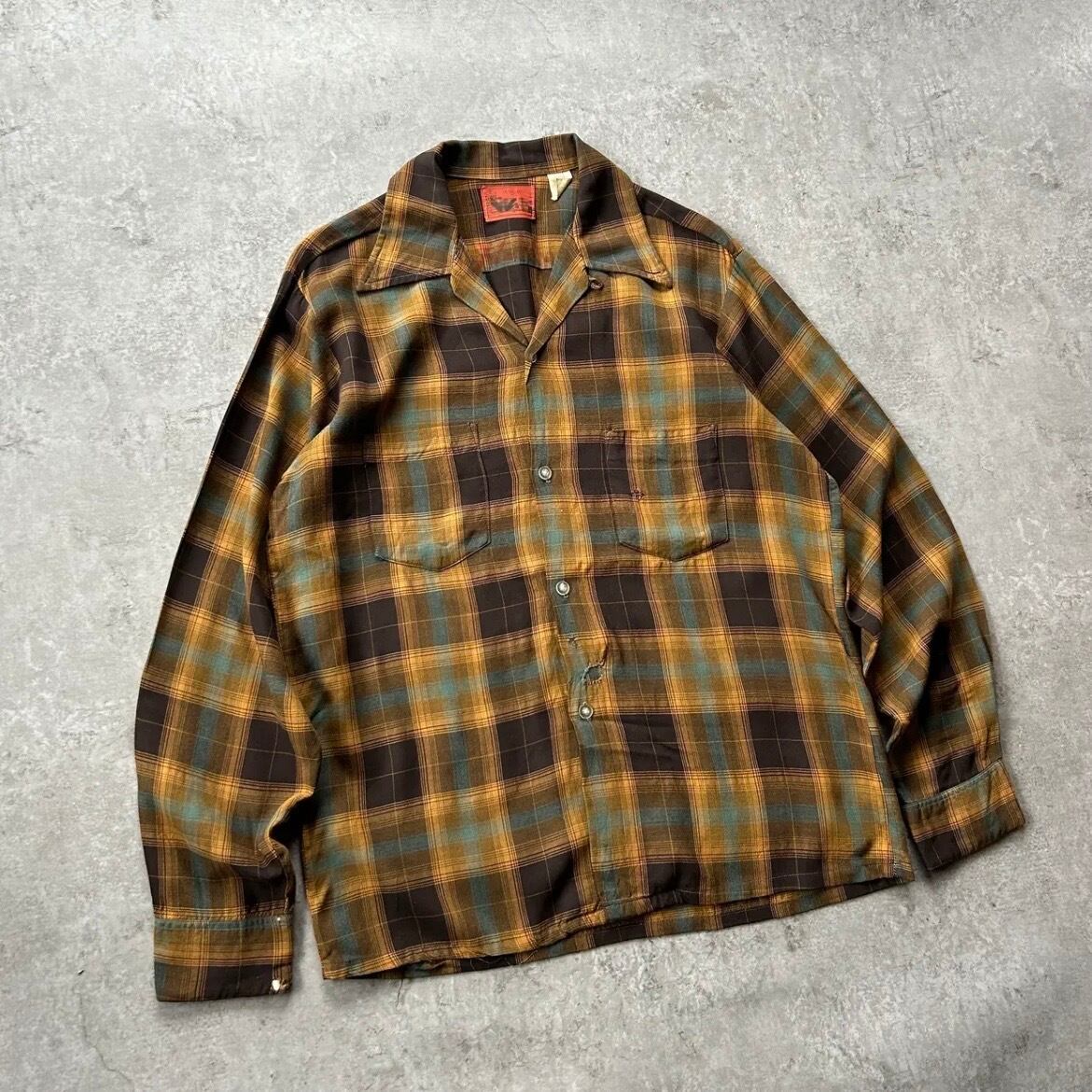 60s Sears オンブレ チェック シャツ グリーンイエロー ブラウン
