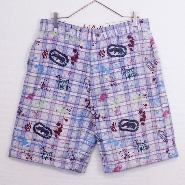 【Caka act2】"ECKO UNLTD" Graffiti Design Checkered Pattern Shorts