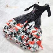 社交ダンス 衣装 スタンダードドレス スタンダード ワンピース ドレス 黒 白 花柄 フリル レース デモ 競技 ダンス パーティ 発表会 ブラック系 ホワイト系 エレガント フレアスカート 軽やか 競技用 ステージ衣装 大人 レディース