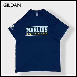 【GILDAN】スイミングクラブ MARLINS SWIMMING バックプリント Tシャツ ロゴ 袖プリント 半袖 L ネイビー US古着