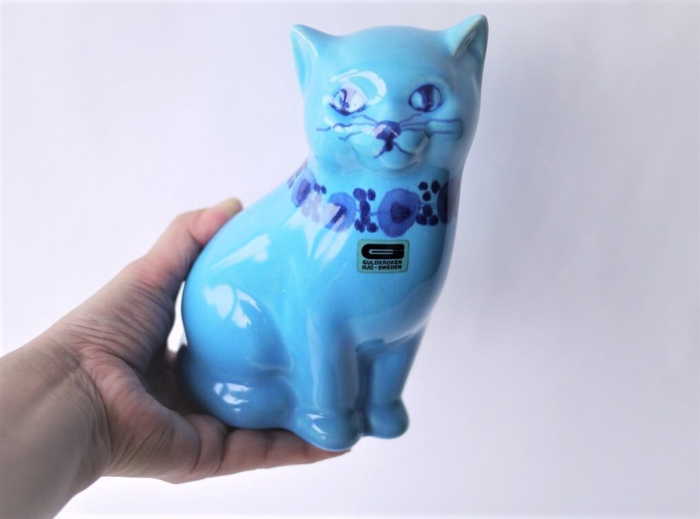 GULDKROKEN 青色ネコ 北欧陶器人形フィギュリン スウェーデン GULDKROKEN 青色ネコ 北欧陶器人形フィギュリン スウェーデン
