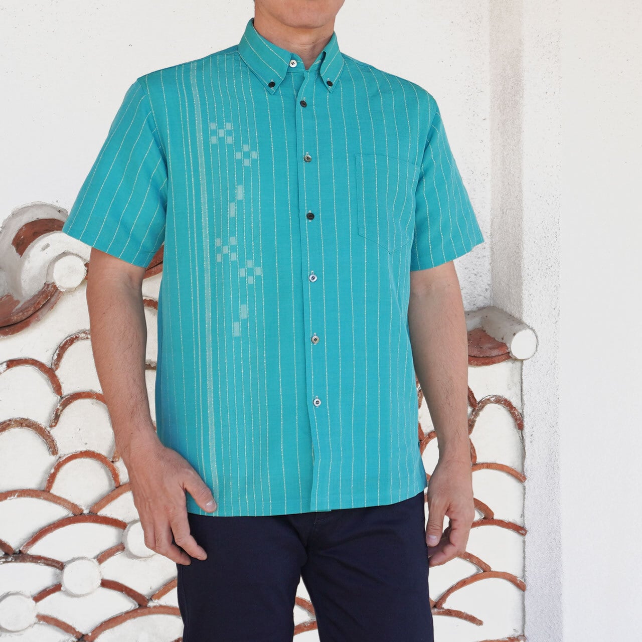 総手織り シチサジ ブルーグリーン ボタンダウン 半袖 シャツ [ITUYO