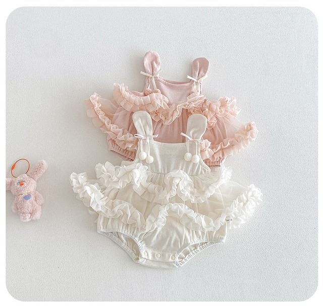 【BABY】うさ耳ニットチュールフリルロンパース - 11