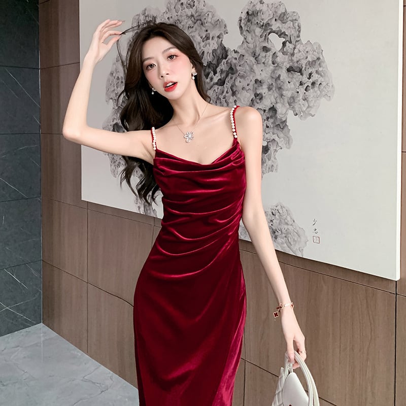 【2色】ロングドレス キャバドレス セクシー キャミワンピース パールストラップ ベロア素材 フレンチガーリー ウエストマーク 細見え 大人可愛い LW2-OYF655#6505##50