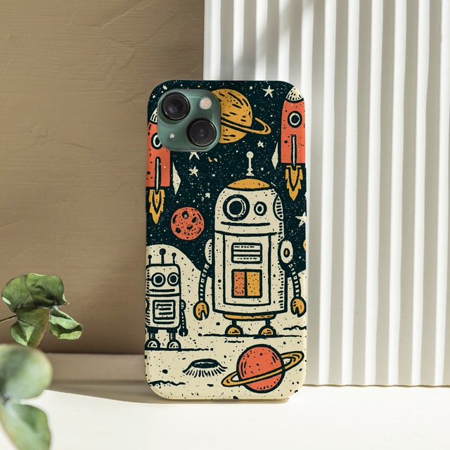 受注生産 iPhoneケース ロボットと惑星のレトロ宇宙柄｜レトロ宇宙 RFSP046B