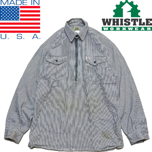 超希少 90s カーハート carhartt プルオーバーシャツ ヒッコリー美品 1点物◇USA製WHISTLE長袖ヒッコリーストライプ柄プルオーバーシャツ