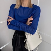 crew neck tulle sheer short tops/bule