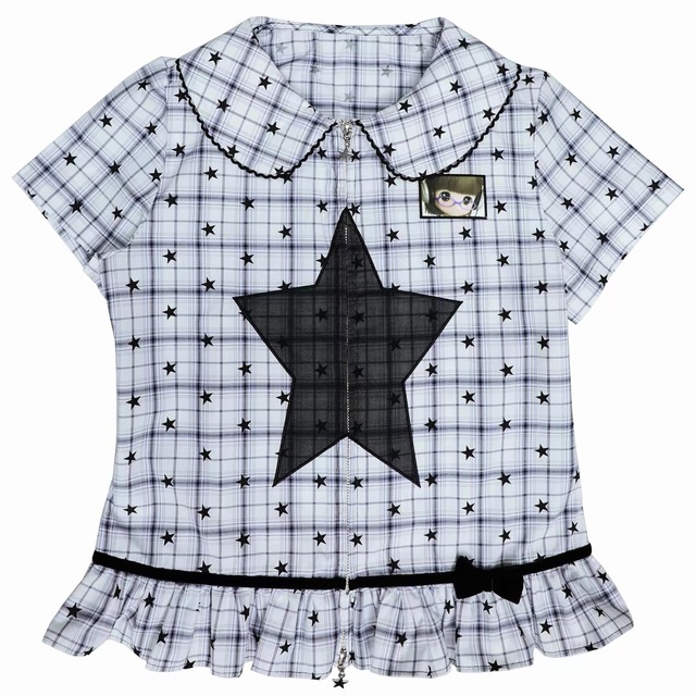 [Hashtag DDD] Star Plaid Doll Collar Zipper Shirt