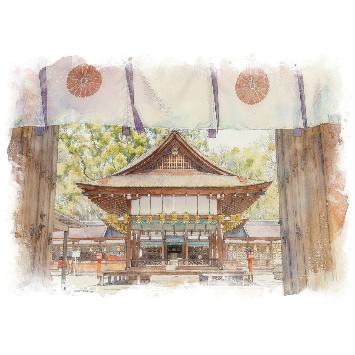 絵画(風景画) 日本 京都府 下鴨神社 インテリアアート額付き 水彩画・油絵調 WAT1194