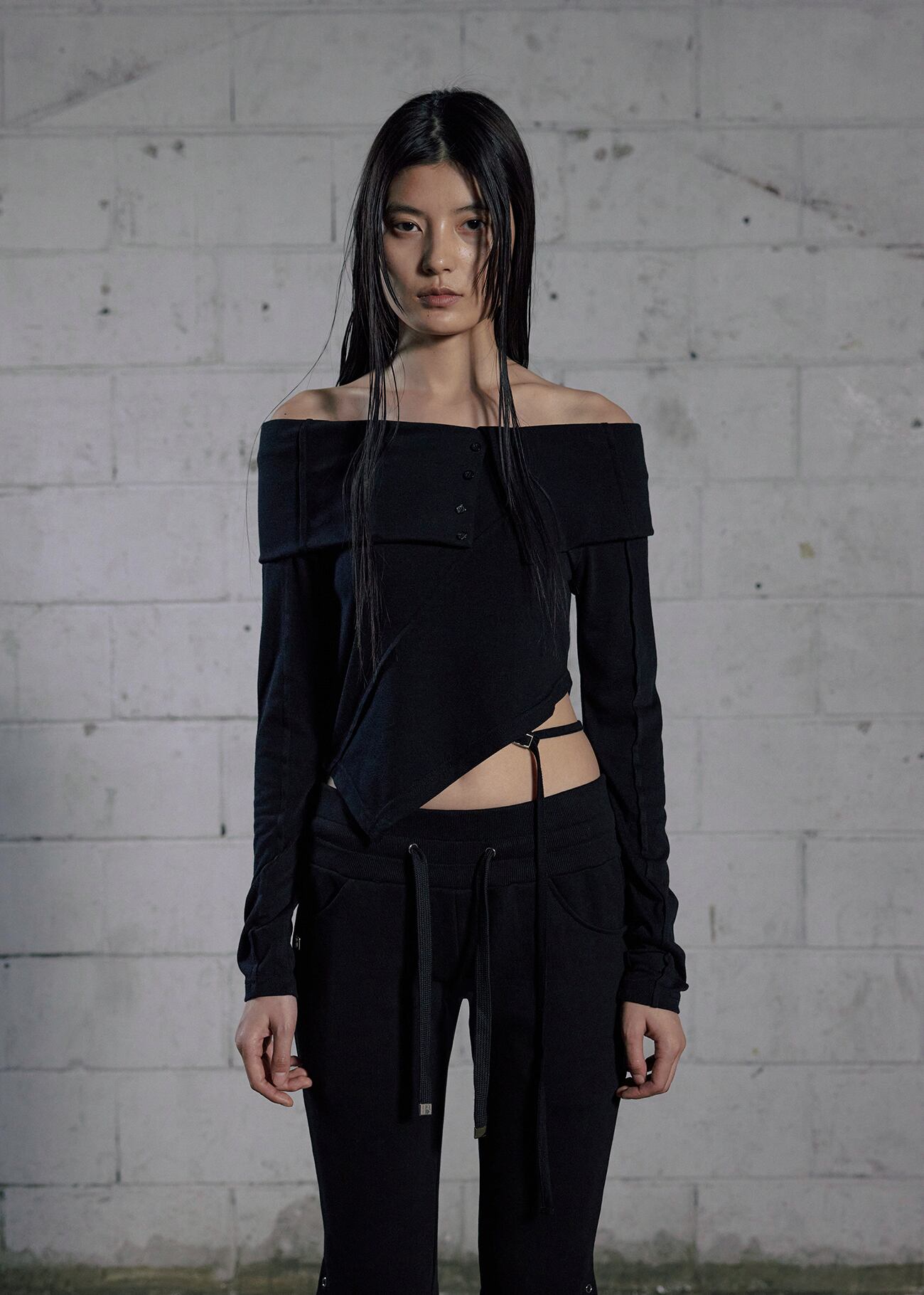 BOHEMIAN SEOUL] WAIST STRING OFF-SHOULDER T, BLACK 正規品 韓国