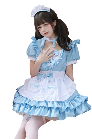 【努力特価】メイド服 ゴスロリ 人気 4色展開 鈴付き首飾り ピンク ブルー レッド ブラック ワンピース ハロウィン 仮装 レディース 可愛い ロリータ コスプレ 半袖 蝶結ぶ パーティー イベント 演出服 ニーハイ付き