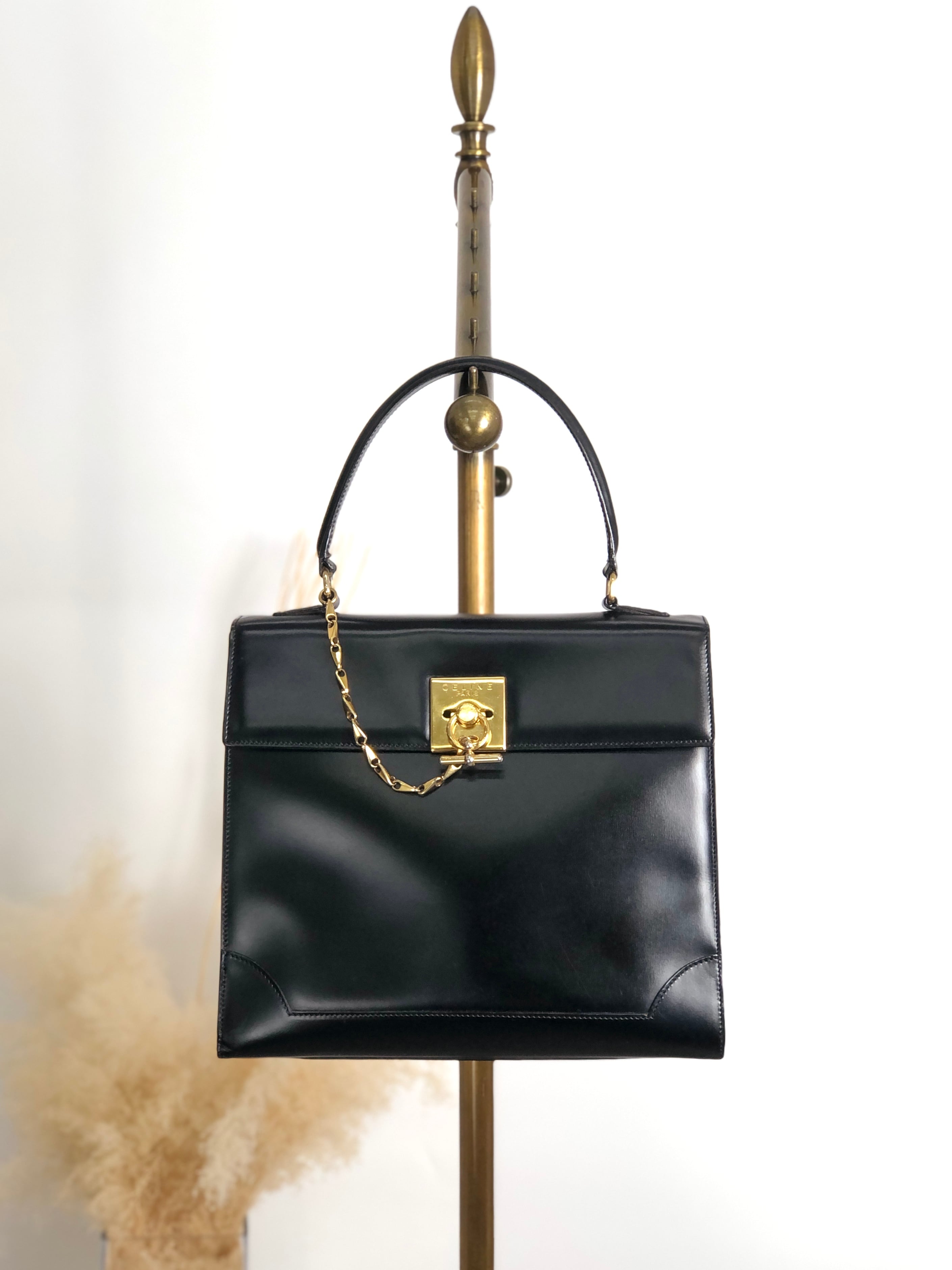 CELINE セリーヌ ハンドバッグ ブラック ガンチーニ マンテル レザー vintage ヴィンテージ オールド gpjwxc