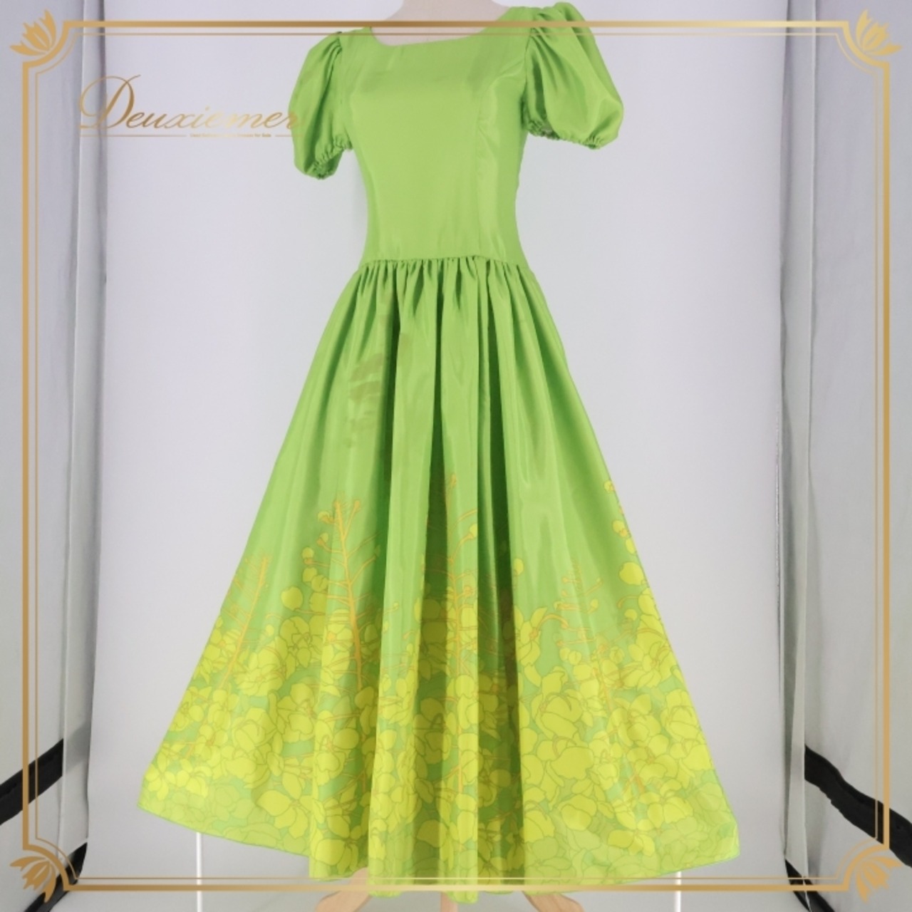 フラダンス 衣装 ワンピース ドレス ココエミリー グリーン系 CoCoEmily 日本製 パフスリーブ イエロー系 グラデーション かわいい 鮮やか 華やか 明るい ハワイアン アロハ ハワイアンプリント フラ ダンス レッスン 練習 明るい印象