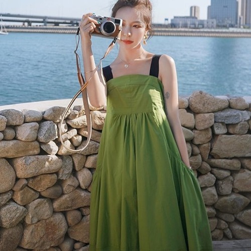 ワンピース マキシ丈 夏新作 キャミソールワンピース バイカラー リボン ワンピース 夏 韓国 ファッション おしゃれ 体型カバー ふんわり ワンピース マキシ丈 夏新作 キャミソールワンピース
