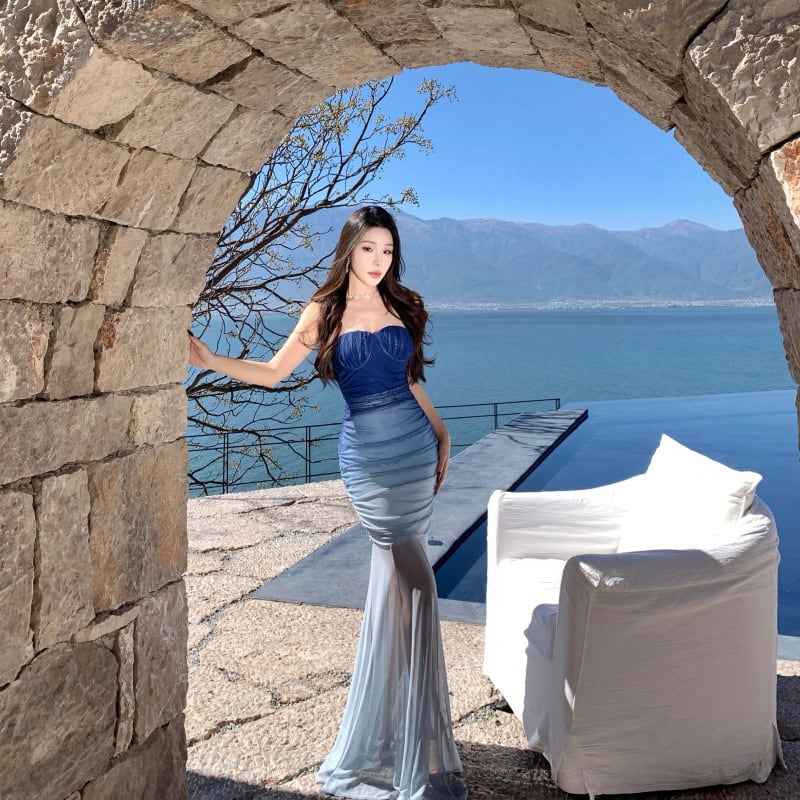 ロングドレス キャバドレス セクシー フレンチ ブルーグラデーション ベアトップ タイトシルエット マーメイドライン JC2-XHY913269