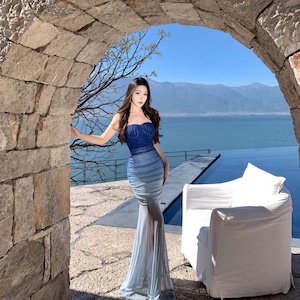 ロングドレス キャバドレス セクシー フレンチ ブルーグラデーション ベアトップ タイトシルエット マーメイドライン JC2-XHY913269