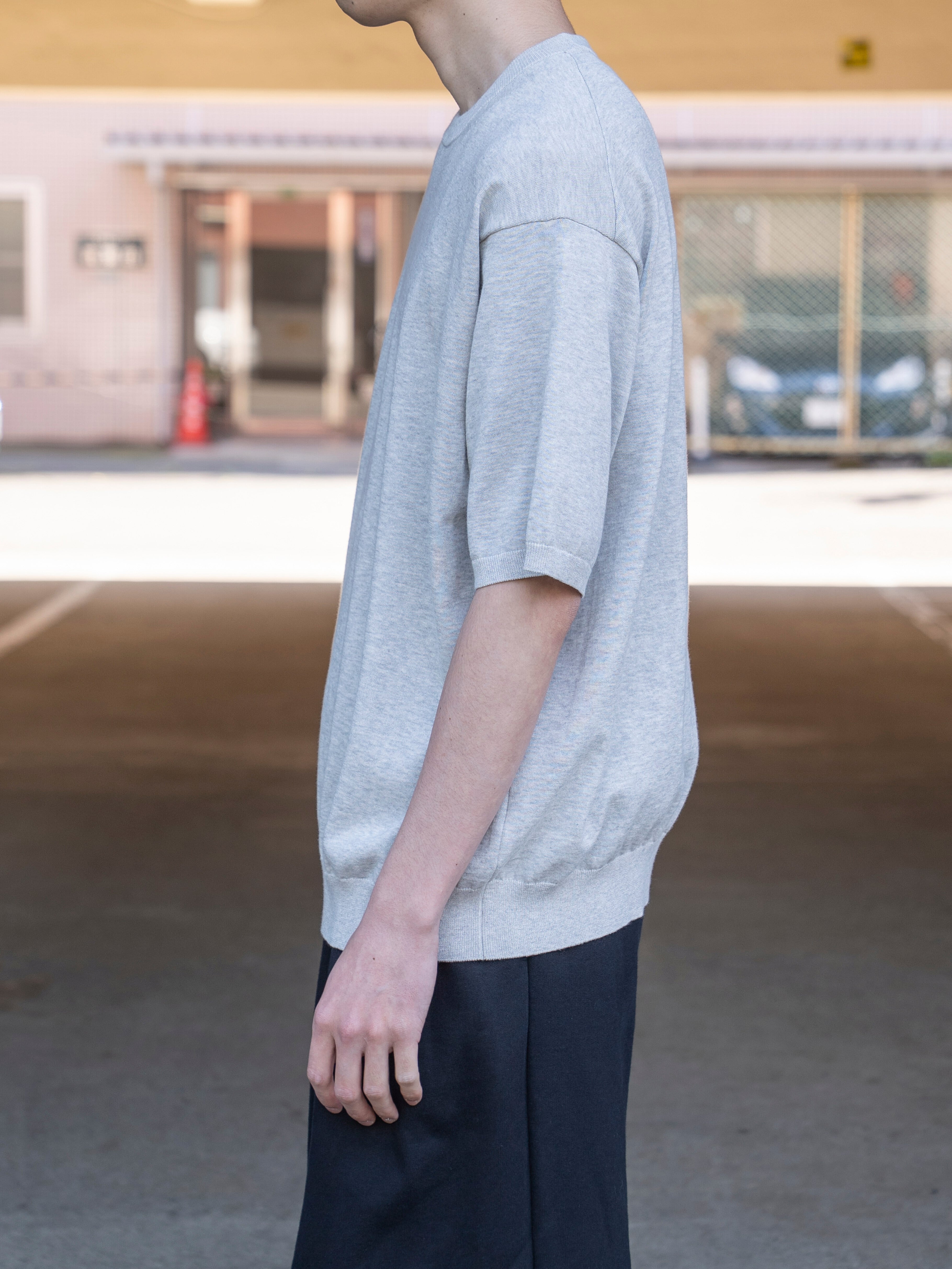 ATON COTTON WASHI KNIT HALF SLEEVE CREWNECK SWEATER TOP GRAY