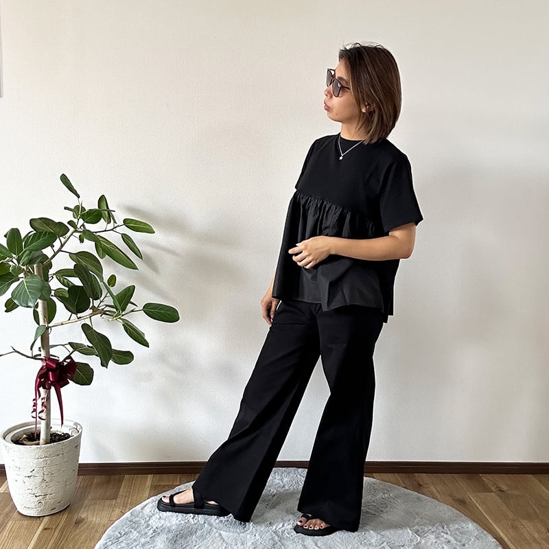 半袖 裾フリル プルオーバー トップス レディース ブラック 黒