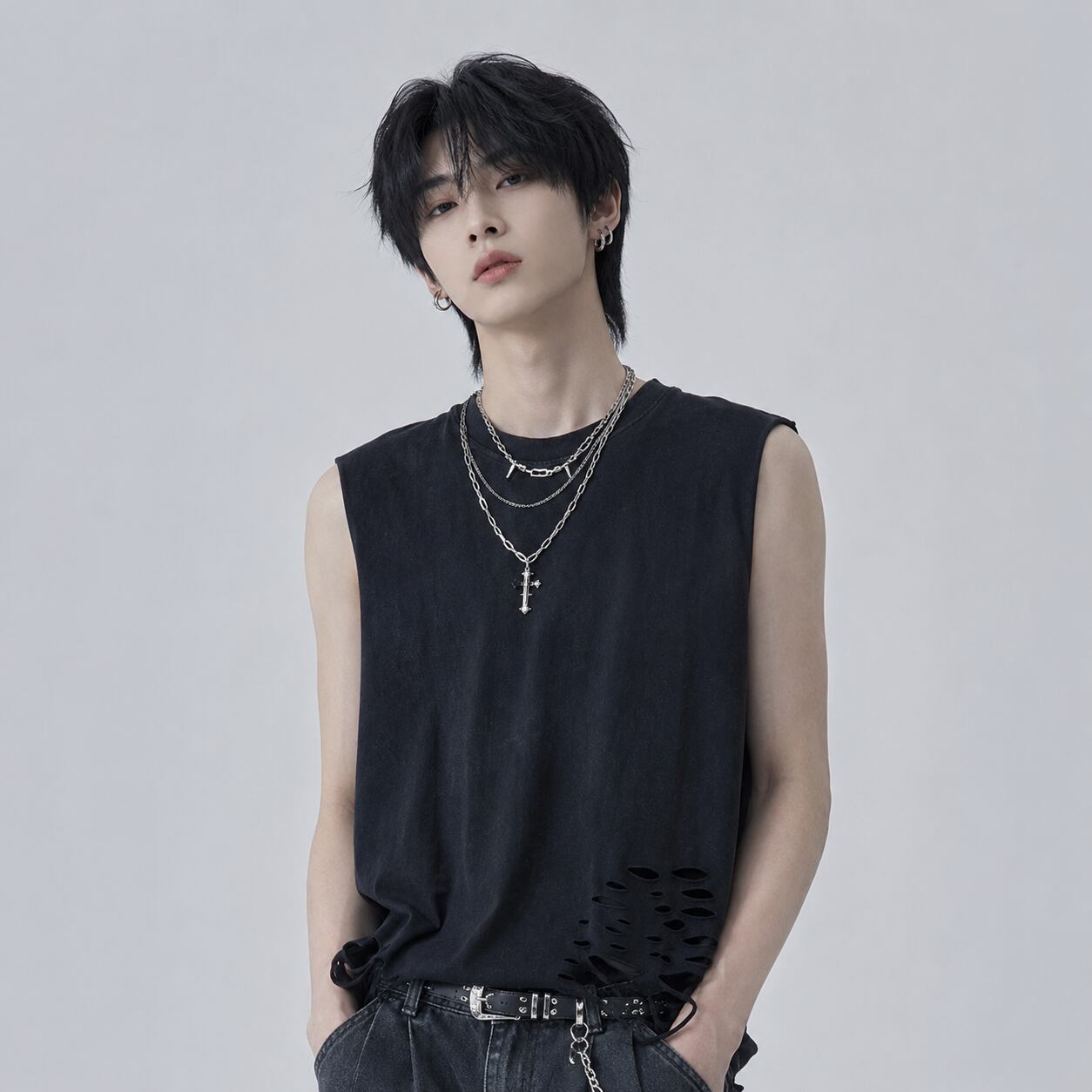 Loose Damage Wash Sleeveless Shirt 0003