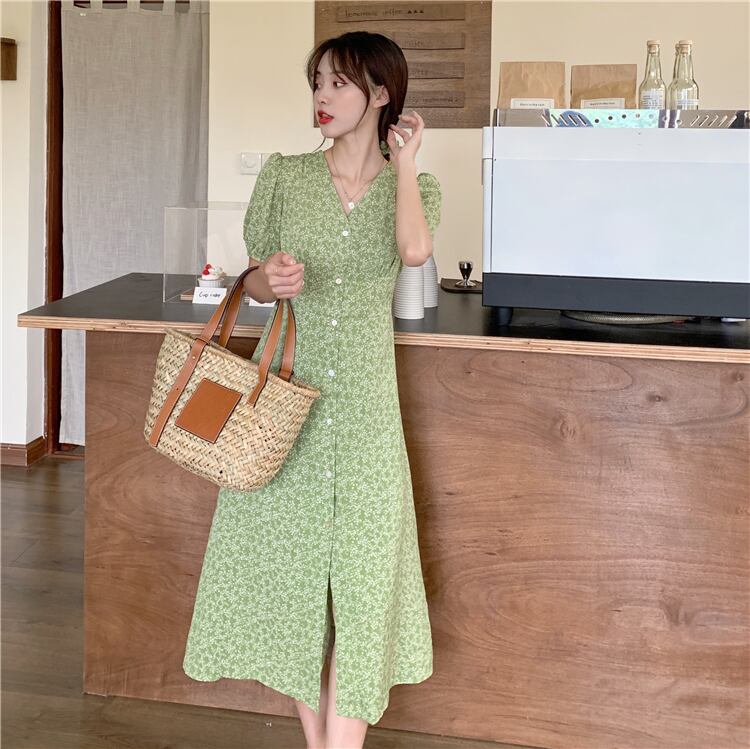 dress】レトロVネックエレガント注目される花柄ワンピース3色