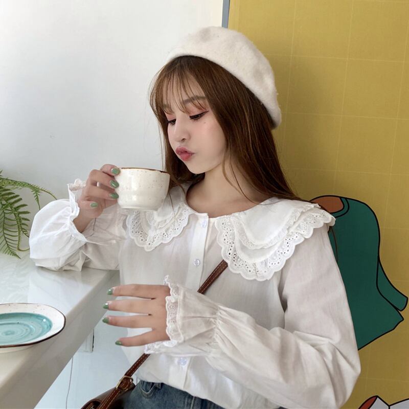 シャツの女性2020年夏の新しいオールマッチ小さな新鮮な中空レース二重層大きな人形の襟のシャツトップ YY-ファッション28819580250