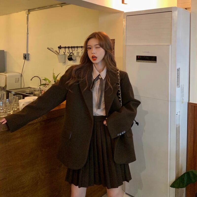 ウールスモールスーツジャケットレディースミドル丈カレッジスタイルルーズカジュアルスーツジャケット2020秋冬新作 ブラックストロベリース16072286507