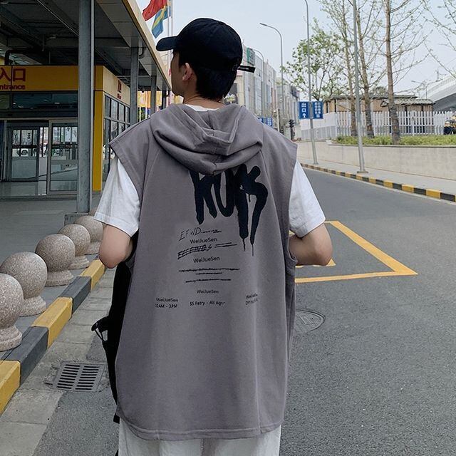 【予約販売】 トップス タンクトップ パーカー メンズ スエット生地 オーバーサイズ バックロゴ ブラック グレー ブルー ブラック ゆったり  カジュアル こなれ感 お洒落 韓国 トレンド 春 夏 M/L/XL/2XL | favoriteselect powered by BASE