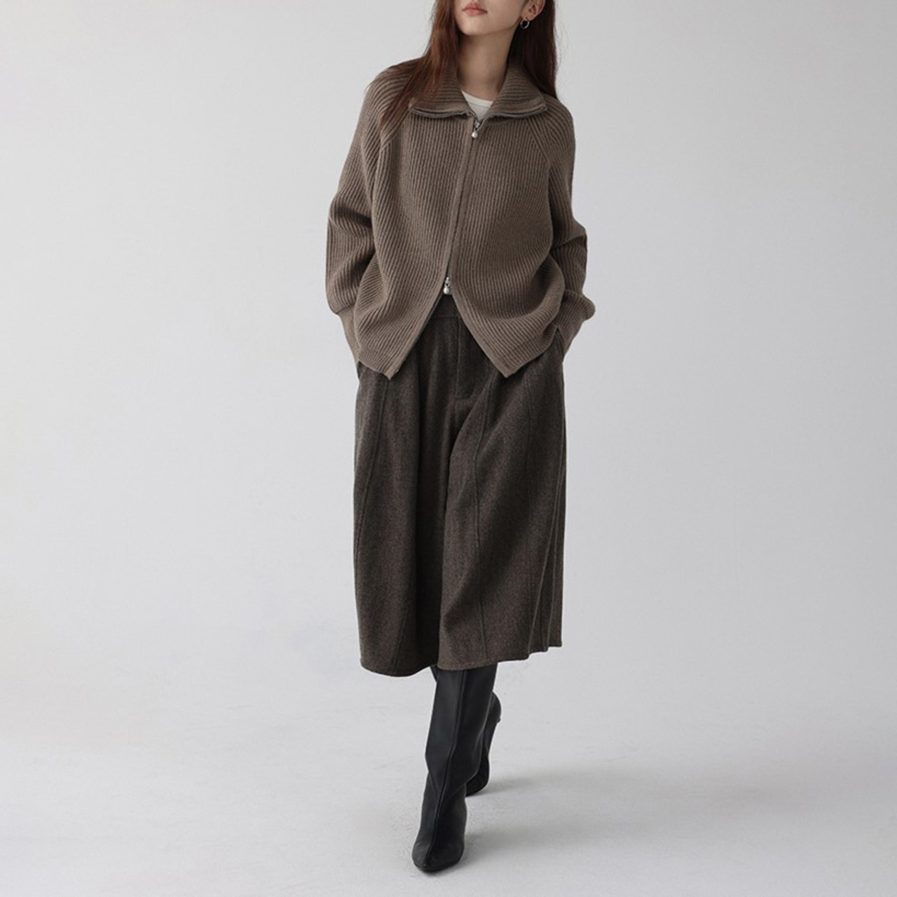 ダブルジッパーリブハイネックニットカーディガン H0050