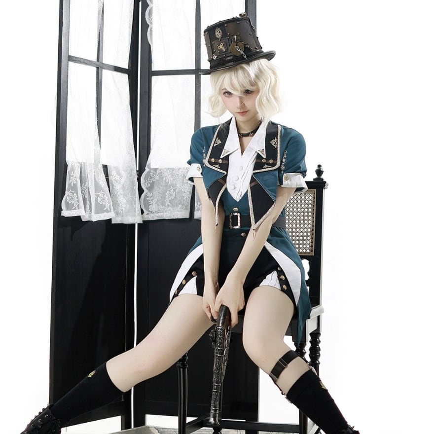 スチームパンク 軍服風セットアップ 緑×黒短パン ライブ衣装 コン