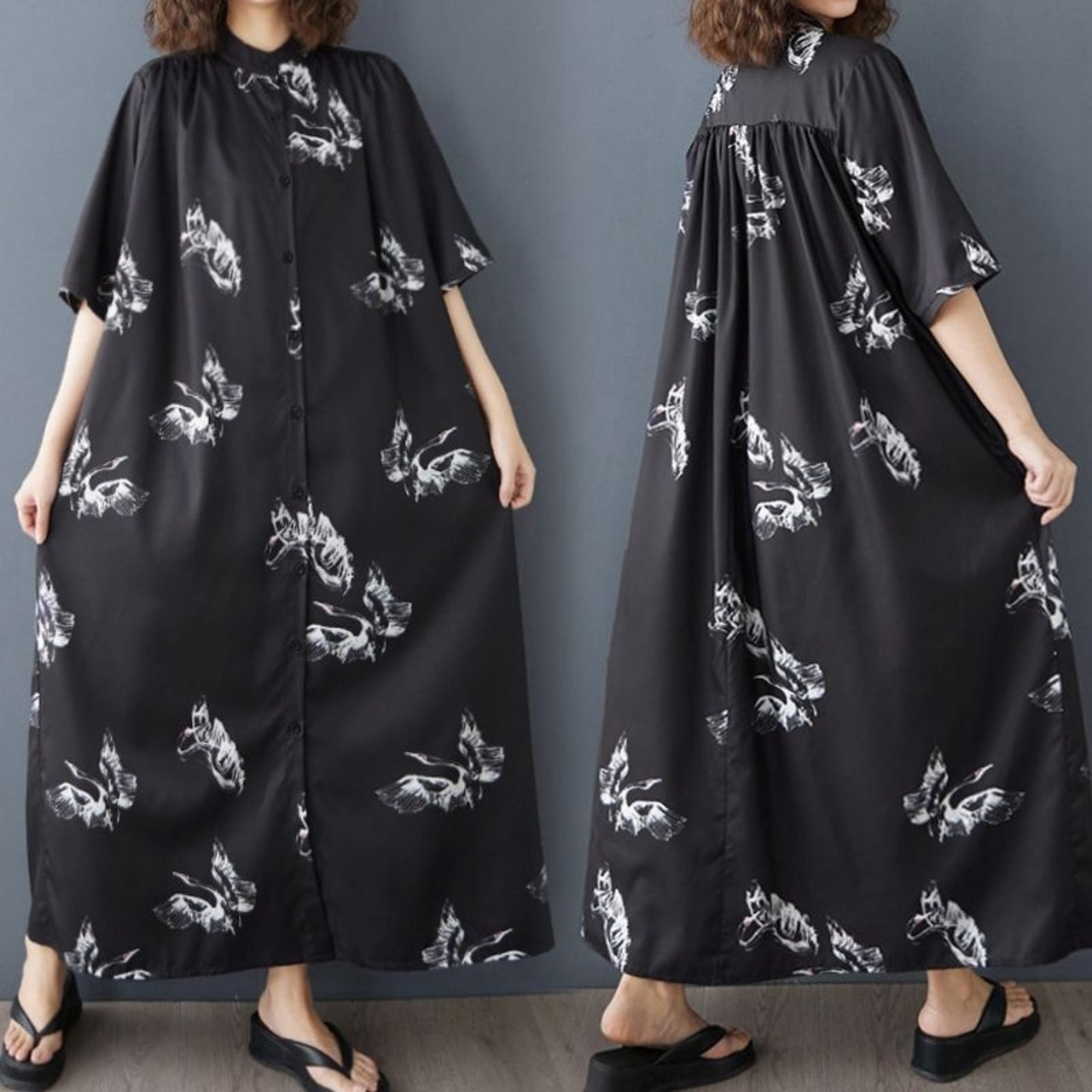 鶴柄 モノトーン ワンピース 30190