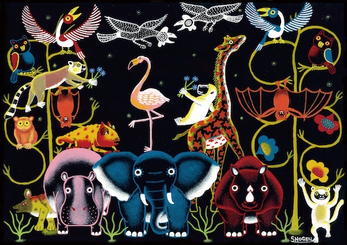 「フラミンゴを祝福する動物達」キャンバス地レプリカ（A3サイズ）