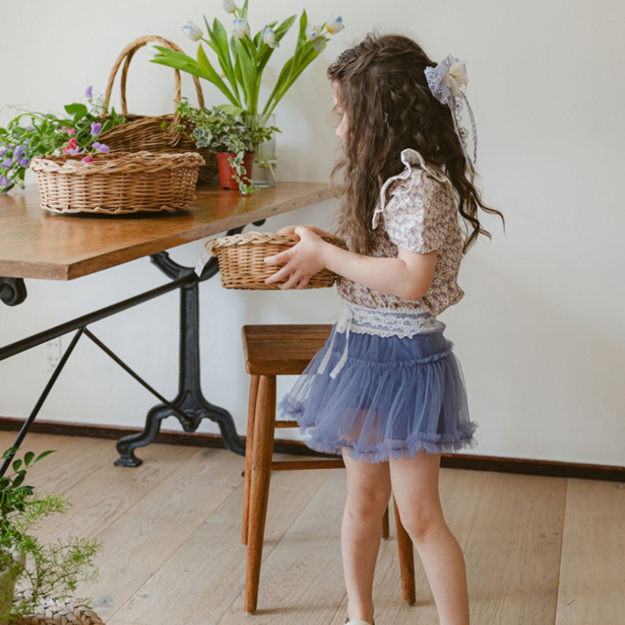 夏レトロ花柄パフスリーブＴシャツ