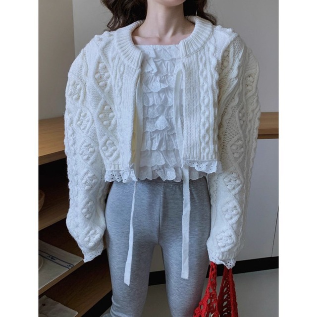 lace-up cable knitted cardigan <3colors>