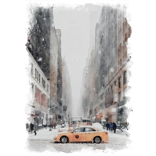 絵画 風景画(街並み) 冬 雪のアメリカ ニューヨーク インテリアアート額付き 水彩画・油絵調 WAT0606