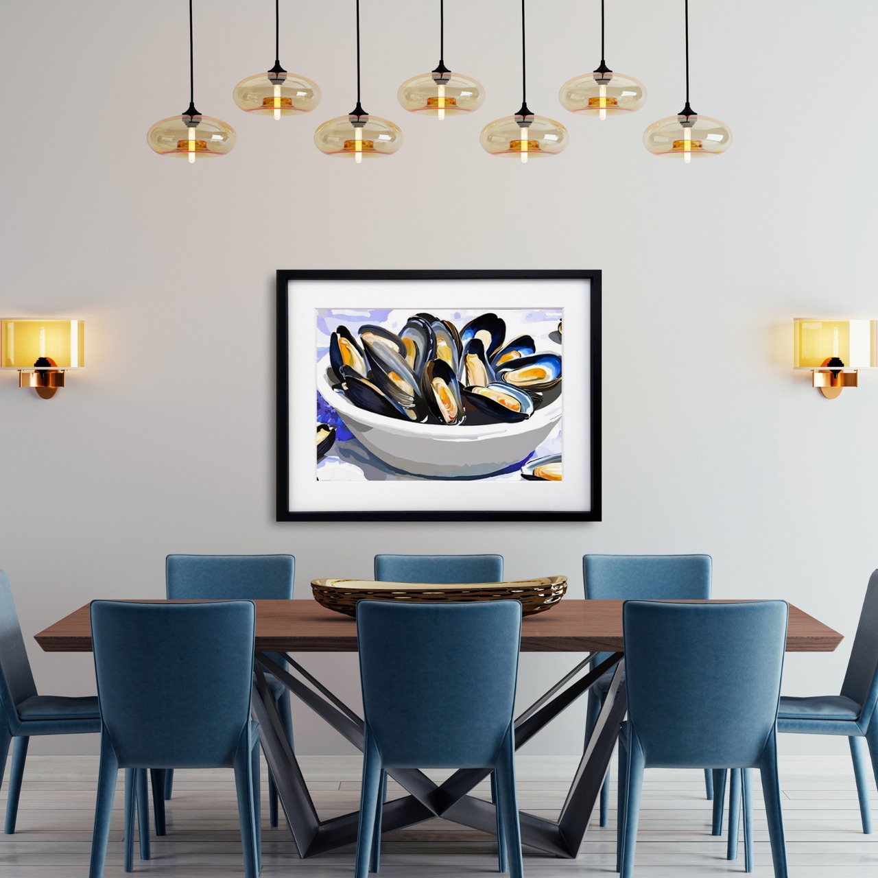ムール貝のある食卓｜ブルーとオレンジが織りなす美食アートポスター｜キッチンやダイニングを彩る上質なモダンインテリアA4ポスター