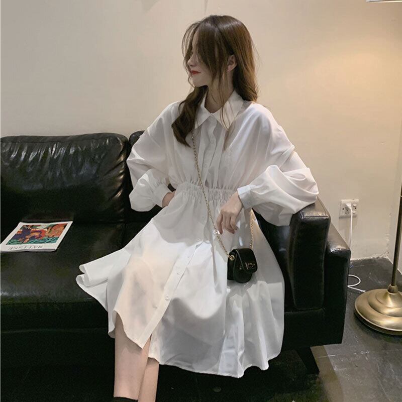 スタンダードシャツ スタイルホワイトドレス スプリングオータムウェストスリムスカート ロング レトロ 春物 秋物 萌量不足30545115690