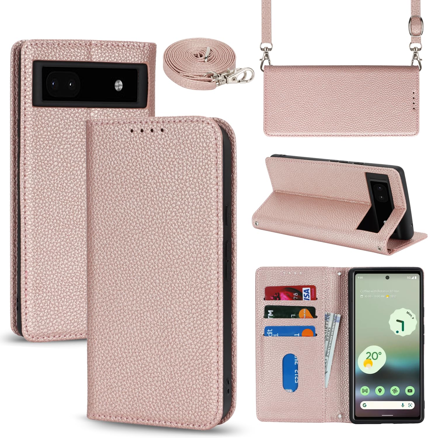 【Hamany】 対応 googleピクセル8a ケース スマホ ショルダー グーグルピクセル8a ケース 手帳型 カード収納 -ローズゴールド