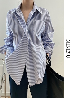 nichi-button stripe classy shirt【NINE7562】