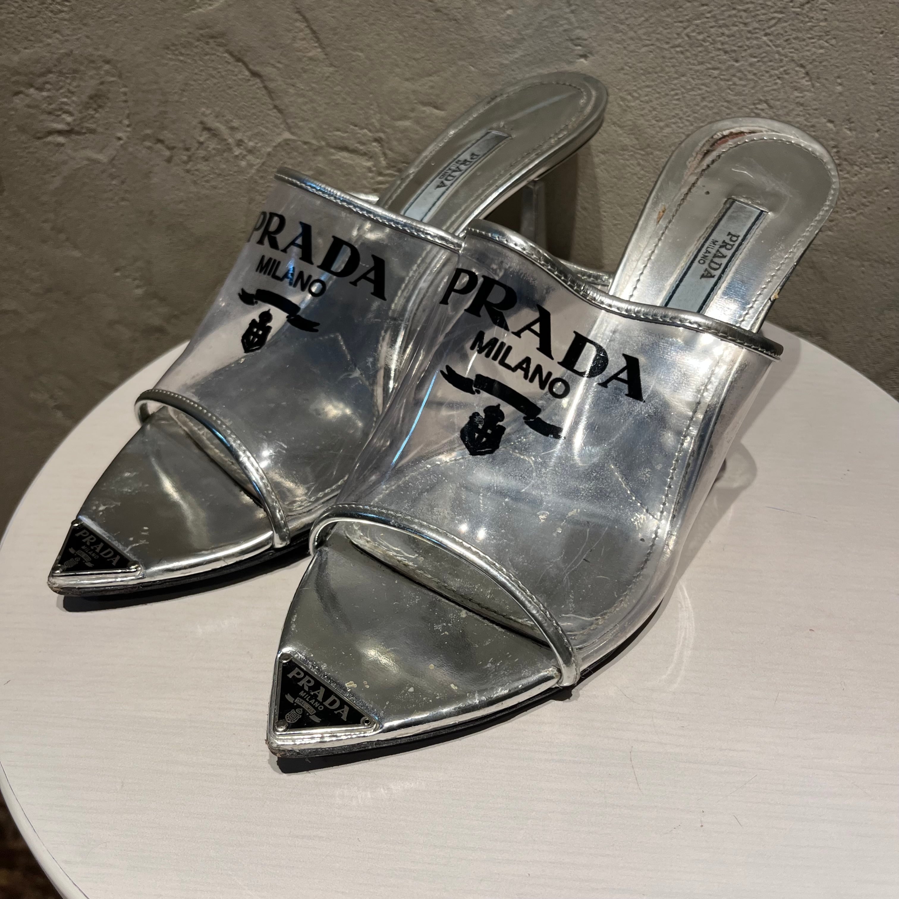 PRADA プラダ ロゴヒールサンダル シルバー 37 1/2 【代官山11 